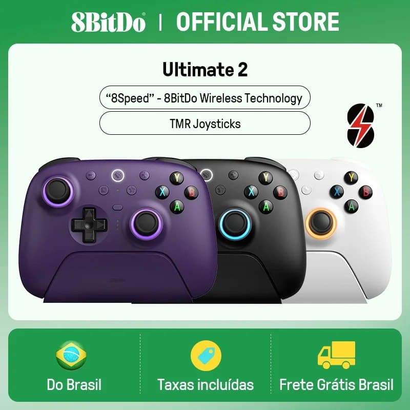 Controle Sem Fio 8BitDo Ultimate 2 para PC e Android com Joysticks TMR (Branco, Roxo ou Preto)