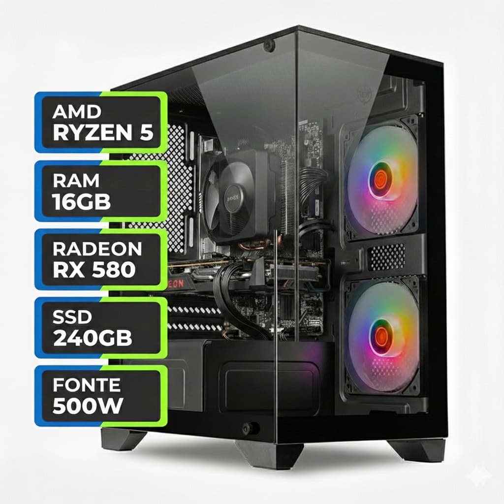 PC Ryzen 5 5500 com RX 580, 8GB DDR4, SSD 240GB, fonte 500W