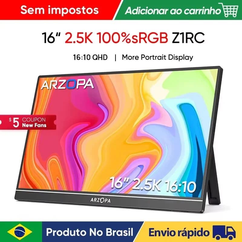 Monitor Portátil ARZOPA Z1RC QHD 16" 2K 16:10 Tela IPS com tipo-c mini hdmi Segundo Display para MAC/Laptop/PC/Xbox/PS4/5/Switch,Z1RC portatil z1 rc QHD Quad HD