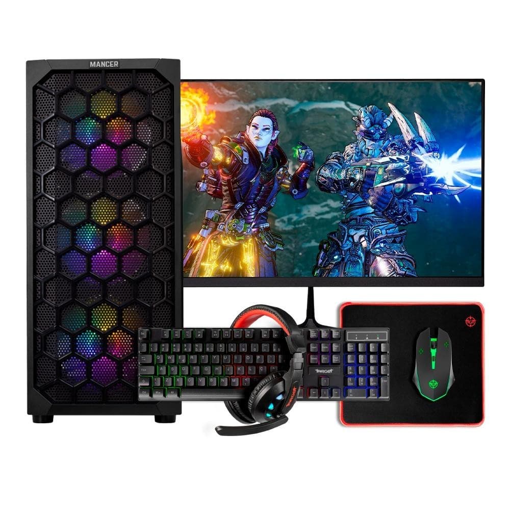 Setup Mancer Ryzen 5 5600GT com monitor 21 polegadas, teclado, mouse e headset