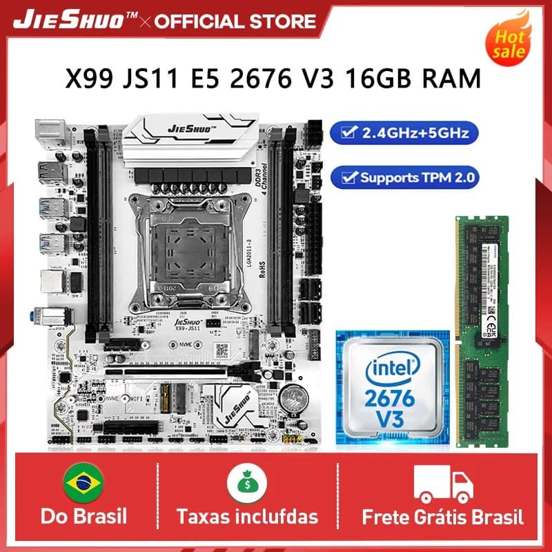 Kit X99 JIESHUO JS11 ARGB + E5-2676 V3 + 16GB, Compatível com memória DDR3, Chipset C612, módulo WiFi e TPM 2.0