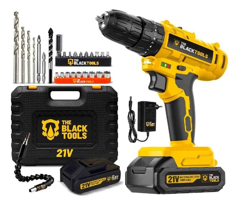 Parafusadeira Furadeira De Impacto A Bateria 21V 3/8” Bivolt 1400 Rpm Com Acessórios E Maleta TB-21PZW The Black Tools