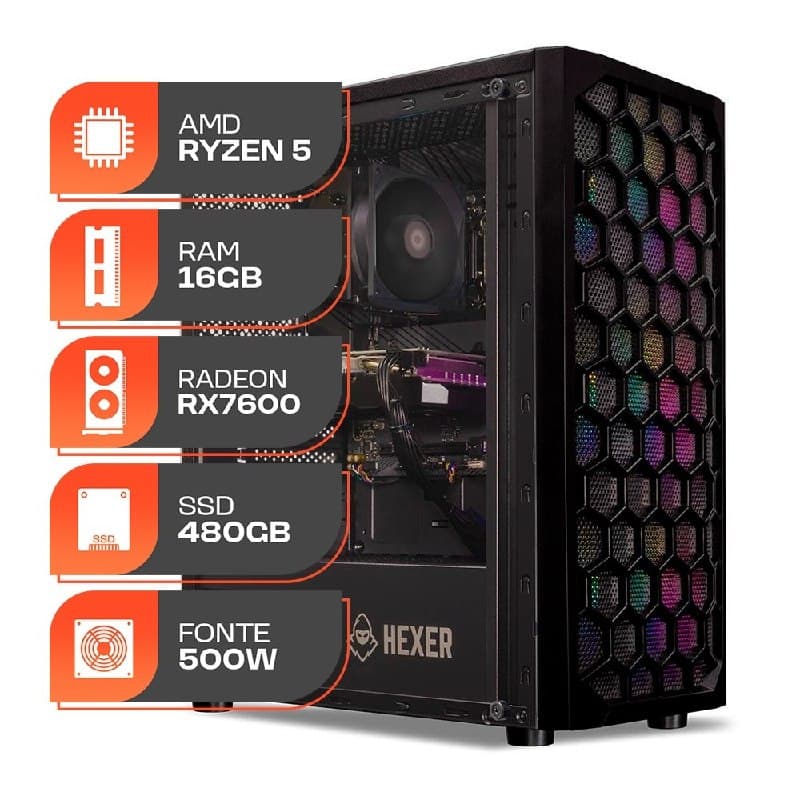 PC Gamer Spectrum, AMD Ryzen 5 5500, Radeon RX 7600 8GB, 16GB DDR4, SSD 480GB, Fonte 500W 80 PLus