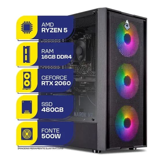PC Ryzen 5 5500 com RTX 2060 6GB, 16GB DDR4, fonte 500W