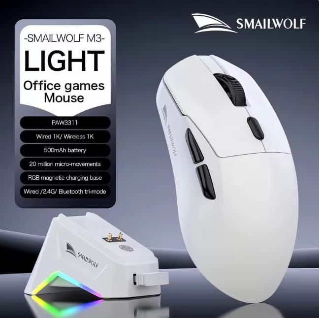 Mouse SMAILWOLF M3, Sensor PAW3311 Tri-Mode, 12000 DPI, 1000Hz (BRANCO)