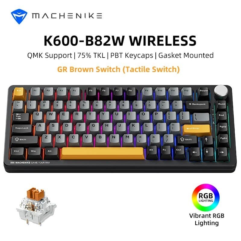 Teclado Mecanico Sem Fio Machenike K600-B82w, Rgb, Teclas Pbt, Tri-mode