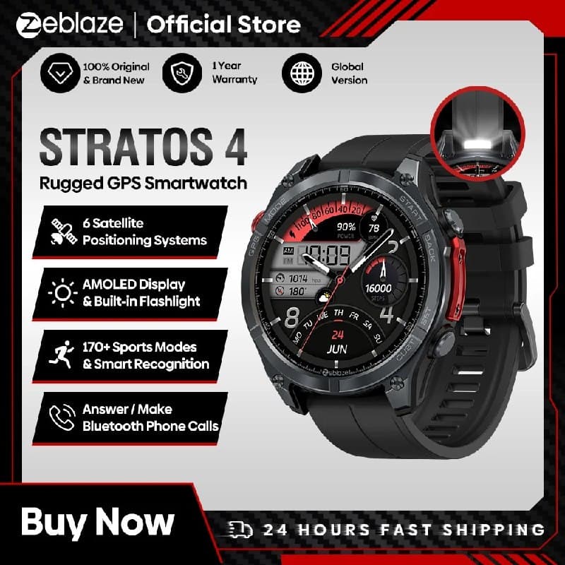 NOVO Smartwatch Zeblaze Stratos 4 GPS com Tela AMOLED de 1.43, Bússola Integrada, Altímetro Barométrico, Lanterna, Chamada por Voz