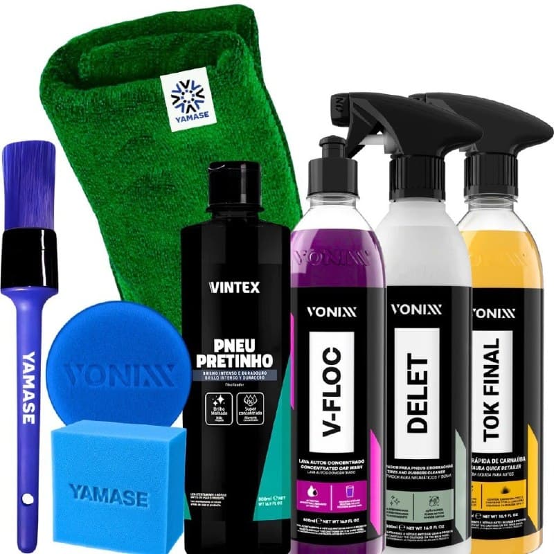 Kit Estética Automotiva Completo V-Floc Delet Tok Final Pneu Pretinho Vonixx Pincel Pano e Aplicador