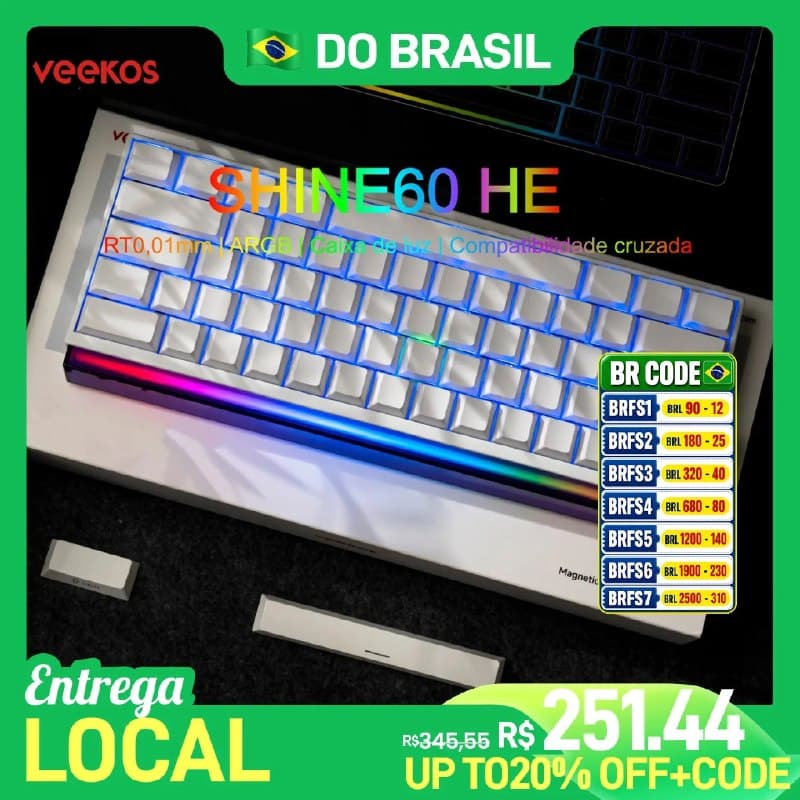 Veekos Teclado Shine60 HE 60% AGRB com Lightbox RT0.01mm Interruptor Magnético 8K wired com fio shine 60 60he shine60he