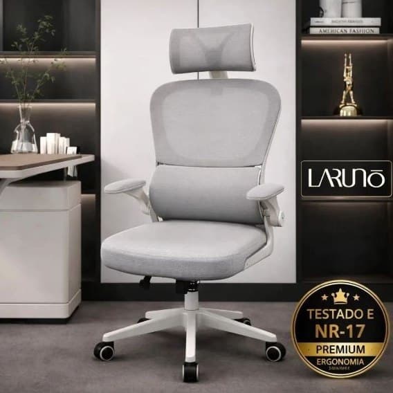 Cadeira de Escritório Ergonômica cinza Giratória com Apoio Lombar e Braços Ajustáveis - Laruno