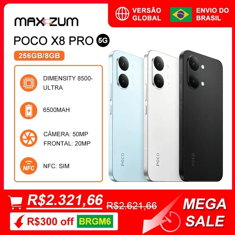 Smartphone Poco x8 PRO 5G, 256/8GB, Smartphones e Celulares MediaTek Dimensity 8500-Ultra, Bateria 6500mAh, Versão Global, Câmera 50MP